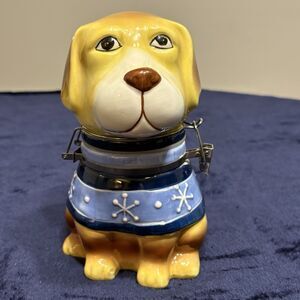 Boston Warehouse Ceramic Dog Treat Jar - Yellow Dog, Snowflake Holiday Motif